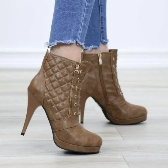 Khaki Platform High Heel Boots Light Fur inside - Picture 12 of 12